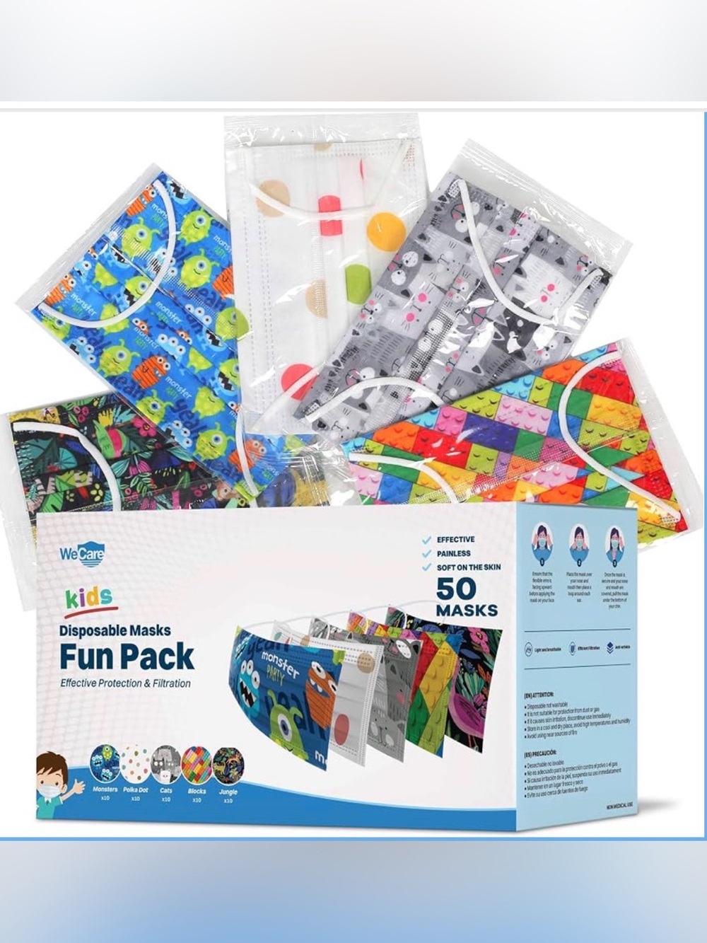 2 Unopened Packs - Kids Disposable Face Masks - Colorful Patterned Designs